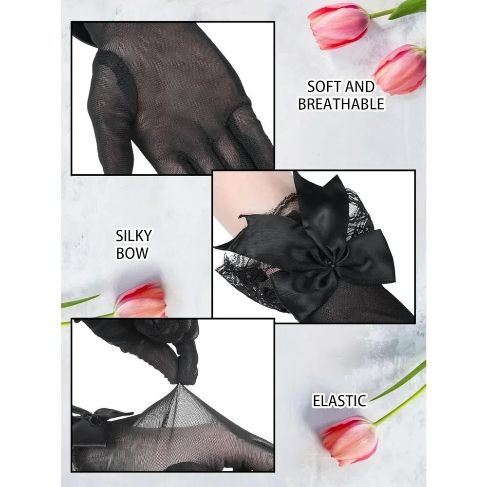 Women's Evening Black Elegant Short Lace Bow Gloves Party Wedding Accessories